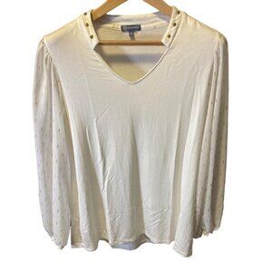 Democracy White Three Quarter Blouson Sleeve Wide V Neck Top SZ Large